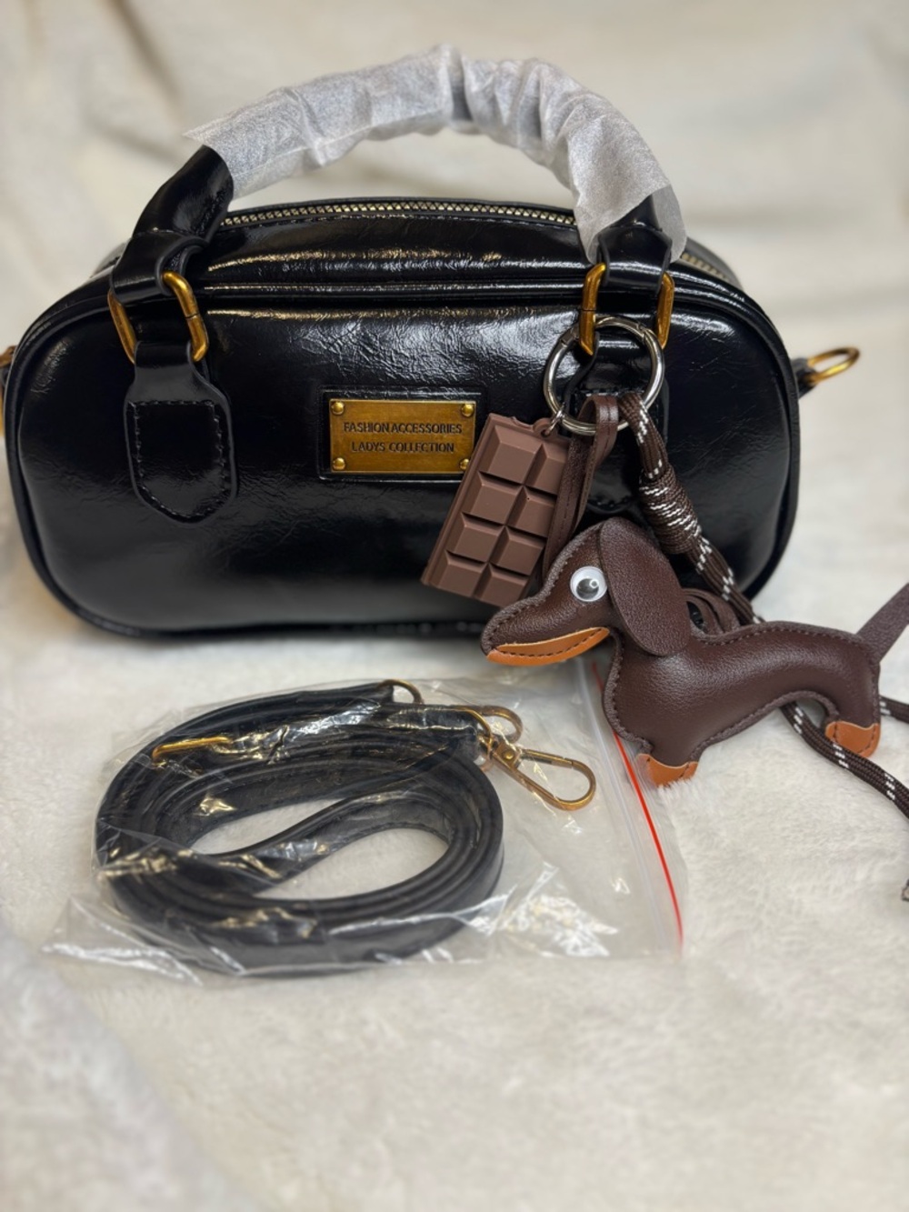 Black Patent Satchel with Gold Plaque and Brown Dachshund Charm